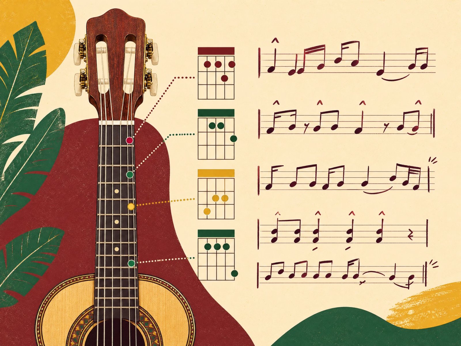 Ilustração editorial de acordes no braço do cavaquinho