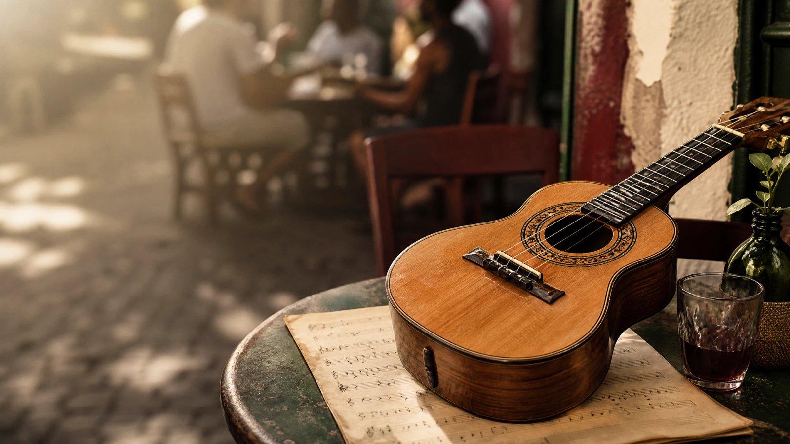 Cavaquinho sobre partitura em uma mesa de estudo